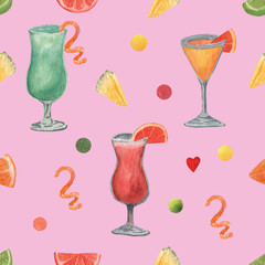 Watercolor pattern with alcohol cocktails and slice fruits. High resolution elements for summer menu, invitations, vacation design.