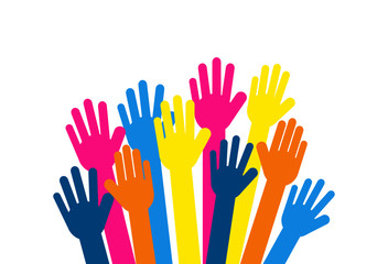 colorful raised hands. Volunteer concept Isolated on white background. Vector Illustration.