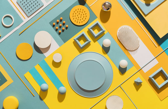 blue/cyan and yellow abstract geometric composition/still life.