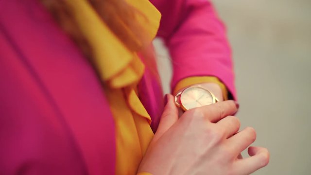 Close up of fashion details: elegant wrist watch on the woman`s hand