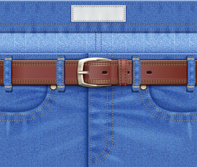 Denim pants with leather belt. Jeans trousers. Fashionable clothes. Trendy jean wear. Eps10 vector illustration.