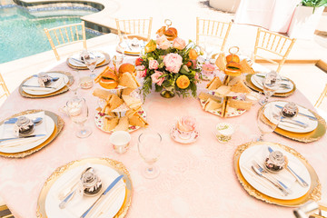 spring / summer appetizer table with fresh fruit cocktails 