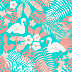 Tropic seamless pattern with flamingo, palms and flowers