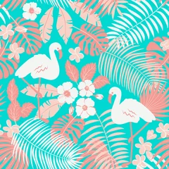 Fototapete Türkis Tropisches nahtloses Muster mit Flamingo, Palmen und Blumen
