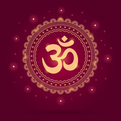 Om symbol or mantra in Hinduism. Red gradient with lights mandala illustration.