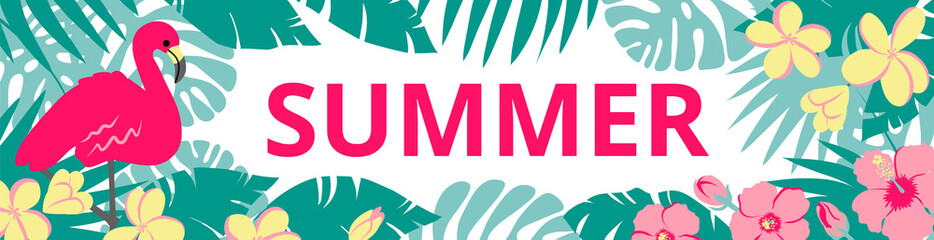 Summer horizontal banner with palm leaves and tropical flowers.