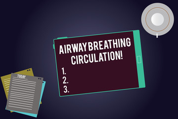 Writing note showing Airway Breathing Circulation. Business photo showcasing Memory aid for rescuers performing CPR Tablet Screen Cup Saucer and Filler Sheets on Color Background