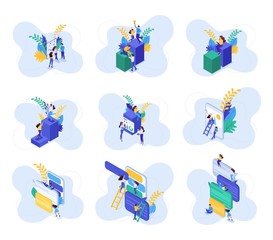 Fototapeta premium Isometric concepts of communication of teenagers in social networks, reviews, likes, messages. For website and mobile application design