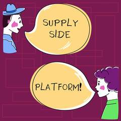 Text sign showing Supply Side Platform. Conceptual photo Software that puts up ads over an automated system Hand Drawn Man and Wo analysis Talking photo with Blank Color Speech Bubble