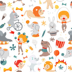 Illustrations of funny circus characters. Presentation, show and magic. Template vector graphics. Seamless pattern.
