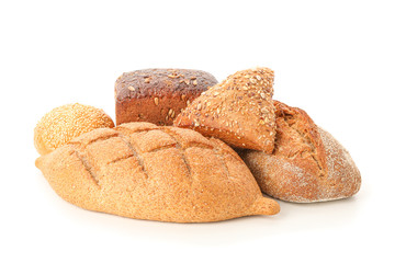 Bunch of bakery products isolated on white background