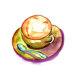 Coffee mug with saucer and spoon in a coffee shop. Watercolor sketch illustration 