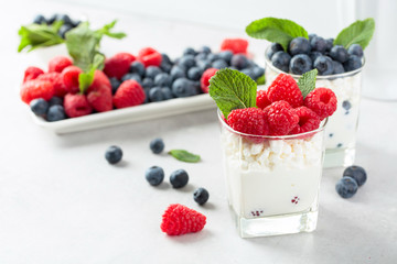 Cottage cheese with cream, raspberry and blueberry garnished with fresh mint.