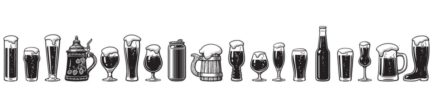 Beer glassware guide. Various types of beer glasses. Hand drawn vector illustration.