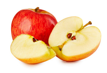 Fresh juicy red apple with segment. Front view.