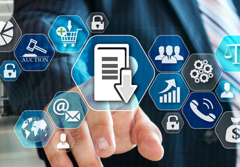 The businessman chooses Document management system, DSM on the virtual screen in social network connection.