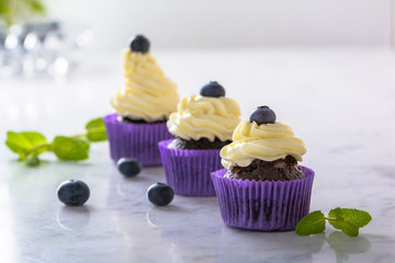 Three cupcakes with blueberry in purple wrap on white marble table top.