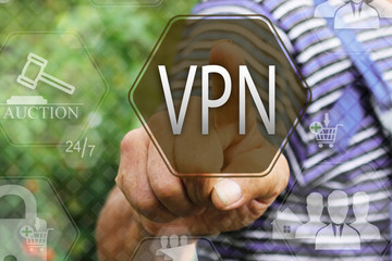 chooses  a VPN on the touch screen. Virtual private network web tag.Сoncept internet technology.