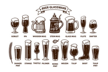 Beer glassware guide. Various types of beer glasses and mugs.. Design elements for brewers festival, bar, pub decoration.