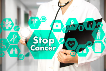 Stop Cancer sign in Medical network connection on the virtual screen on hospital background.Technology and medicine concept.