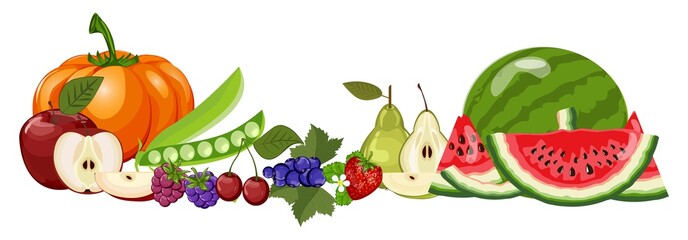 Organic diet healthy natural food, pumpkin, cherry, blackberry, apple, pear, raspberry, strawberry, watermelon, currant, pea.