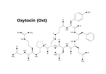 Vector hormones minimalistic banner template. Oxytocin structure black isolated on white background. Hormone assosiated with bonding. Design for science, education, presentation.