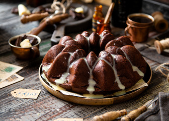 Delicious homemade chocolate bundt cake on wooden plate stands on rustic table
