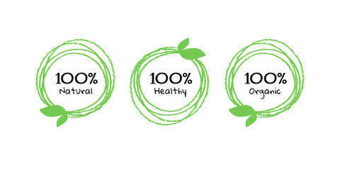 Set of vector eco sticker design template. Abstract pen brush green circle with leaf and text "100% natural, healthy, organic" Concept of green ecology food. Design for presentation, poster, wrapping.