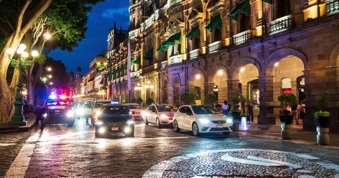 Night time lapse of Municipal Palace in historic centre of Puebla Mexico UNESCO World Heritage site