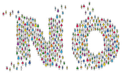 Crowd of colorful stick figures shaping the word NO