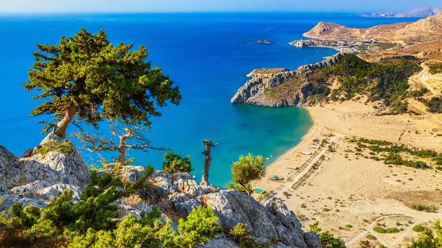 Aerian panoramic vew to the Tsampika beach in Rhodes, Greece