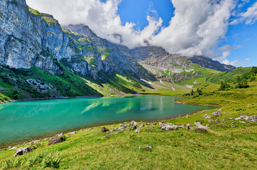 Beautiful view of Oberlegisee lake in Braunwald of Switzerland