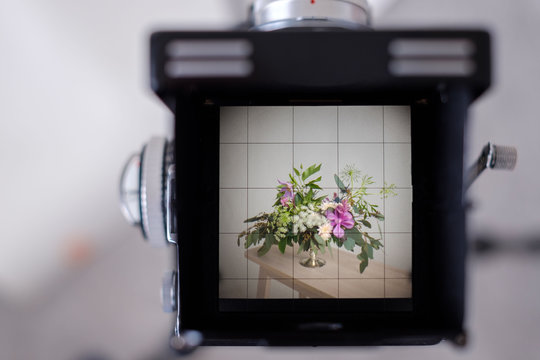 A beuatiful flower arrangement as seen through a viewfinder of a vintage twin lens reflex film camera.