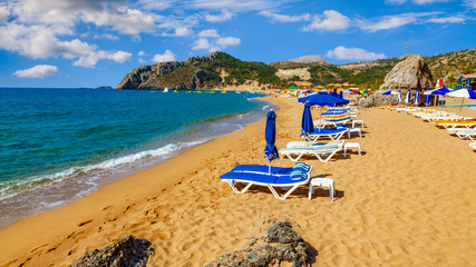 Fototapeta na wymiar Tsampika beach in Rhodes, Greece. Famous tourist destination.