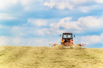 Naklejka premium Hay turning to dry grass in the sun on the field in the Czech Republic - Europe. Agricultural landscape. Summer day on the farm.