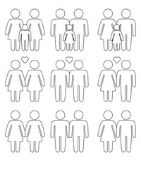 Gay, lesbian couples and family with children icons set