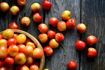 Cherry scattered on wooden boards.