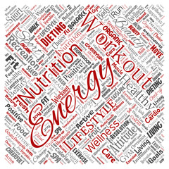 Vector conceptual healthy living positive nutrition sport square red word cloud isolated background. Collage of happiness care, organic, recreation workout, beauty, vital healthcare spa concept