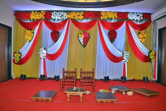 Maharashtrian Wedding Ritual - Vedic Vivah - Closeup Of Stage Decoration For Vedic Vivaah Ritual With Wooden Tables