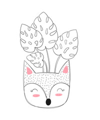 Vector cute house plant in funny fox pots.
