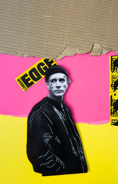 3d Collage of a punk man with corrugated cardboard, pink and yellow colour blocks