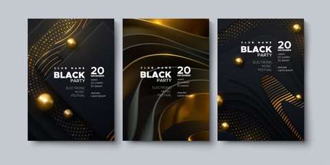 Electronic music festival. Modern posters design. Black party invitation. Abstract background. Black geometric wavy shapes, golden glitters and spheres. Vector illustration. Club invitation template.