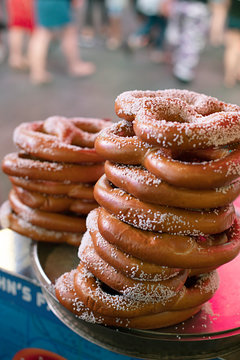 Pretzels for sale at night in Times Square, New York City