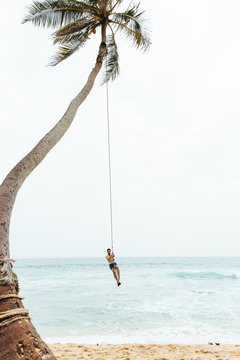 Man Swinging From A Palm Tree On A Beach