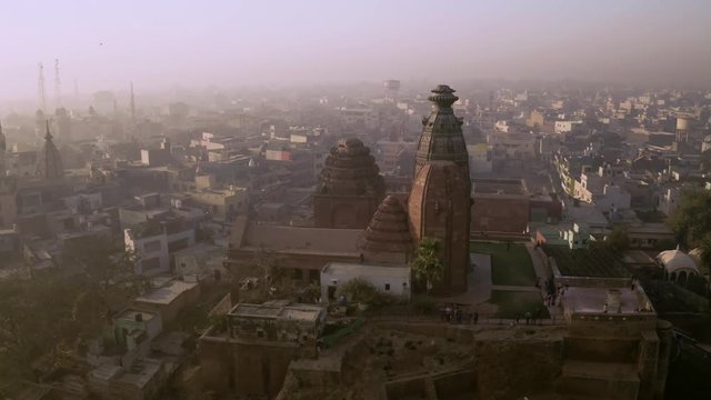 "Madana Mohana" temple in Vrindavan, India, 4k sunrise view aerial during holi festival
