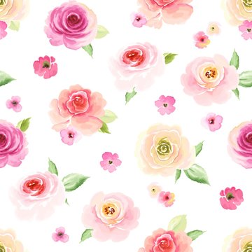 Seamless floral pattern with tender flowers roses and leaves. Vector illustration in vintage watercolor style on white background.
