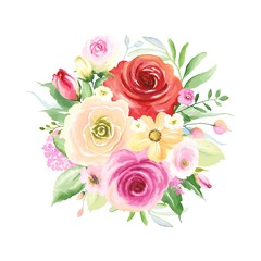 Floral decor with colorful roses, buds and green leaves, round bouquet for your design. Vector illustration in vintage watercolor style.