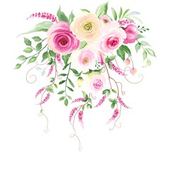 Floral decor with tender pink roses, green leaves and plant dolichos. Vector illustration in vintage watercolor style. Template for your design.