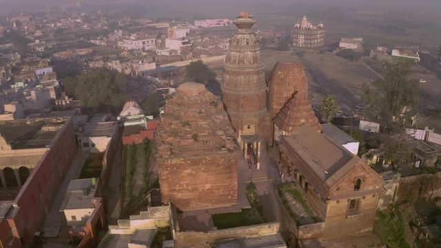 "Madana Mohana" temple in Vrindavan, India, 4k sunrise view aerial during holi festival