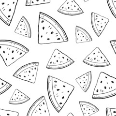 Watermelon contour pieces on white background vector seamless pattern.Hand drawing in doodles style. Design for fabric, textile, paper.